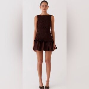 NWT Peppermayo Exclusive - Garden Kisses Shirred Mini Dress - Chocolate, Size 6